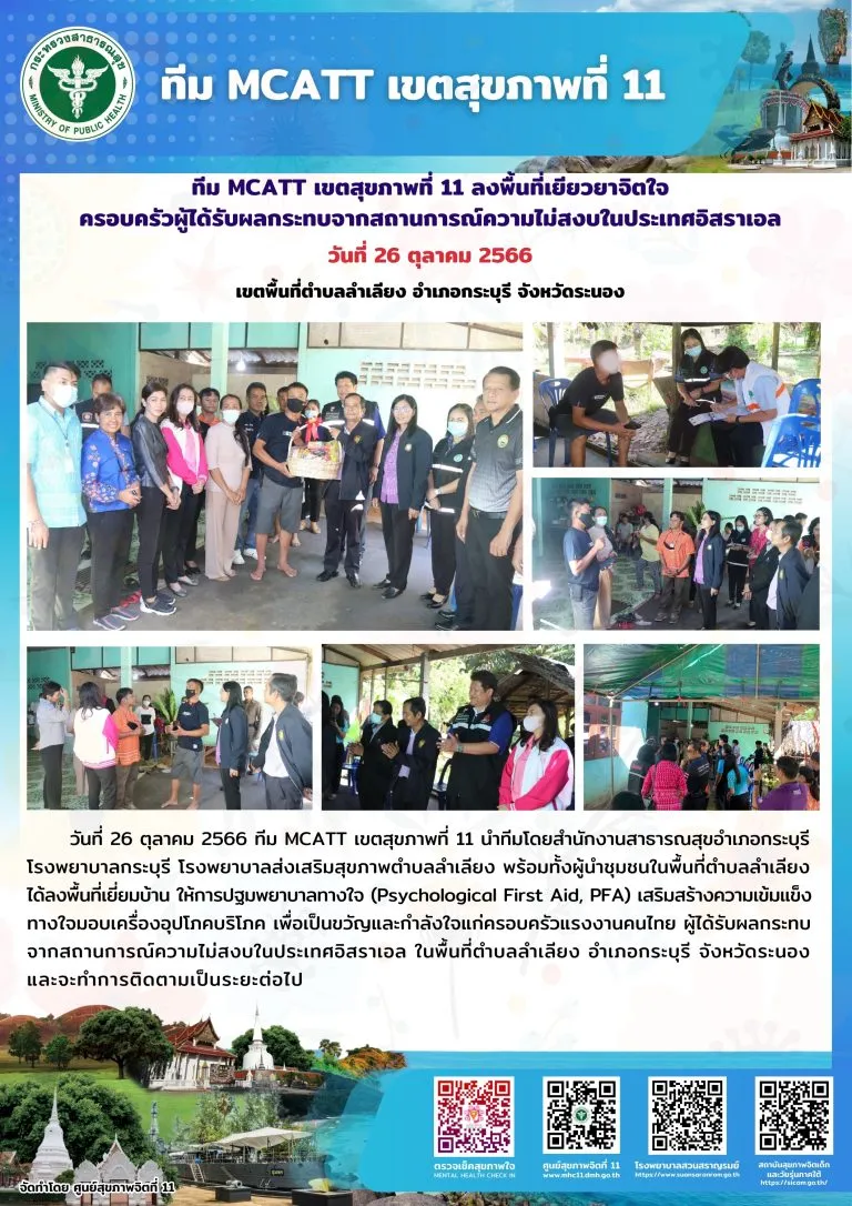 ทีม MCATT เขตสุขภาพที่ 11 ลงพื้นที่เยียวยาจิตใจครอบครัวผู้ได้รับผลกระทบจากสถานการณ์ความไม่สงบในประเทศอิสราเอล อำเภอกรถบุรี จังหวัดระนอง วันที่ 26 ตุลาคม 2566